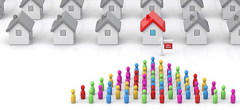 Illustration of a group of people waiting to rent a home