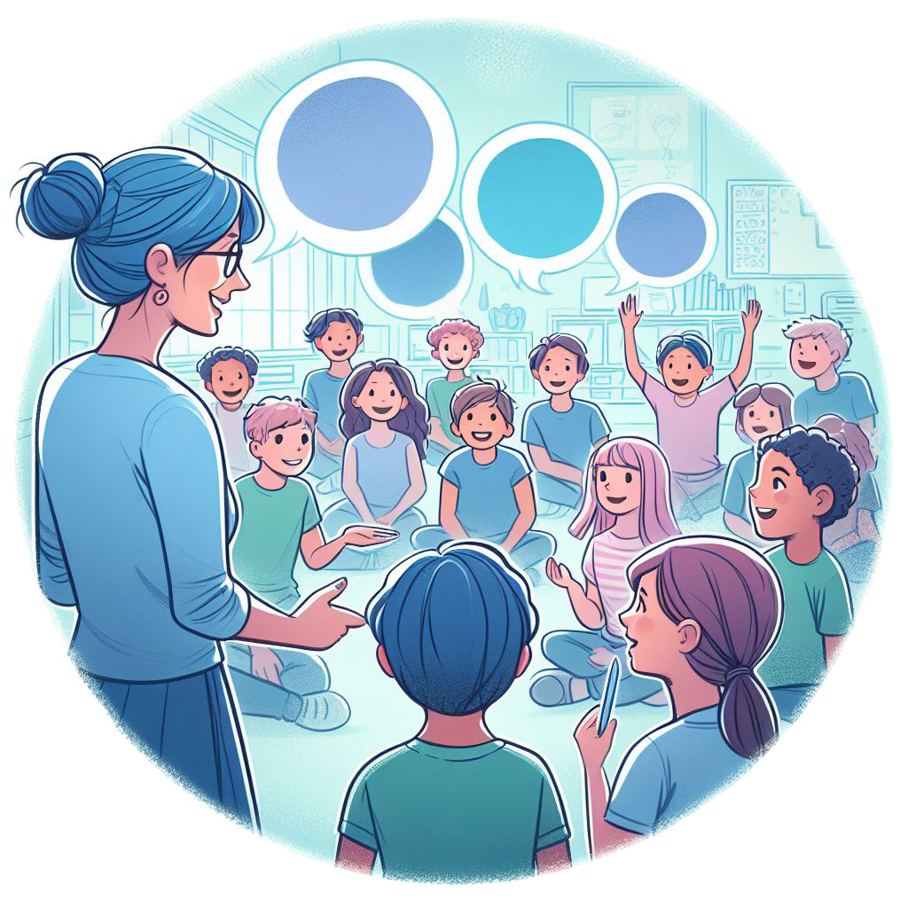 AI-generated illustration of teacher engaging a classroom in conversation